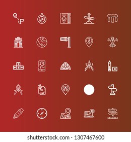 Editable 25 destination icons for web and mobile. Set of destination included icons line Sign Post, Tracking, Maps, Cardinal points, Marker, Compass, Navigation, Pinned on red