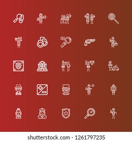 Editable 25 detective icons for web and mobile. Set of detective included icons line Detective, Zoom, Police badge, Police, Actress, Disguise, Mafia, Fingerprint scan, Revolver on red