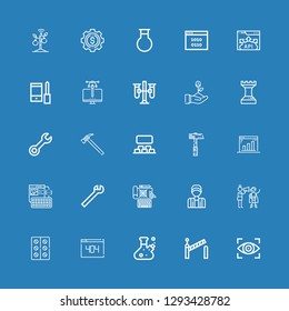 Editable 25 development icons for web and mobile. Set of development included icons line Vision, Barrier, Flask, , Tablets, Motivation, Coach, Design, Wrench on blue background