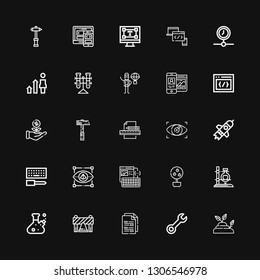 Editable 25 development icons for web and mobile. Set of development included icons line Sprout, Wrench, Coding, Barrier, Flask, Money tree, Wireframe, Visual on black background
