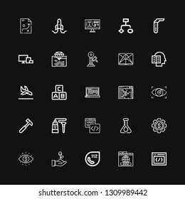 Editable 25 development icons for web and mobile. Set of development included icons line Css, Domain, , Startup, Vision, Development, Flask, Code, Tube, Hammer on black background