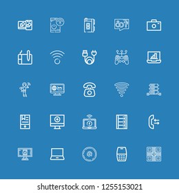 Editable 25 device icons for web and mobile. Set of device included icons line Game, Cellphone, Cymbal, Laptop, Monitor, Call, Server, Computer, Ebook, Wifi signal on blue background