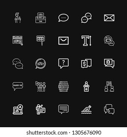 Editable 25 dialog icons for web and mobile. Set of dialog included icons line Chat, Message, Speech, Conversation, Feedback, Talking, Speech bubble, Chat bubble on black background