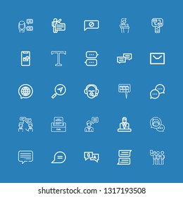 Editable 25 dialog icons for web and mobile. Set of dialog included icons line Talking, Chat, Question, Chat bubble, Commentator, Faq, Conversation, Message on blue background