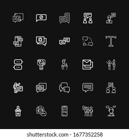 Editable 25 iconos de diálogo para web y móvil. El conjunto de diálogos incluía iconos línea Talk, Talking, Chat, Chat bubble, Speech, Conversation, Discussion, Messages on black fondo
