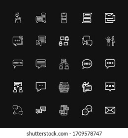 Editable 25 iconos de diálogo para web y móvil. El conjunto de diálogos incluía iconos línea Mensaje, Chat, Voz, Comentarios, Comentario, Conversación, Burbuja de voz sobre fondo negro