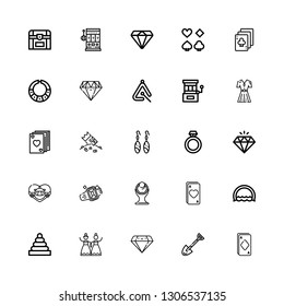 Editable 25 diamond icons for web and mobile. Set of diamond included icons line Ace, Spade, Diamond, Wedding, Rings, Ring, Necklace, Honeymoon, Earrings, Riches on white background