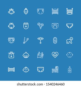 Editable 25 diaper icons for web and mobile. Set of diaper included icons line Baby feeder, Baby crib, Diaper, Baby boy, Crib, Birth, Bib, Rattle, Safety pin on blue background