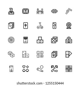Editable 25 dice icons for web and mobile. Set of dice included icons line Game, Pinball, Poker, Domino, Dices, Casino, Dice, Roulette, Dominoes, Mahjong, Gamblers on white background