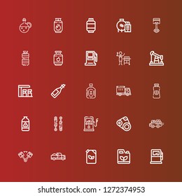 Editable 25 diesel icons for web and mobile. Set of diesel included icons line Gas pump, Gasoline, Fuel, Pick up, Piston, Timing belt, Gas station, Gas, Oil, Lorry, Gasoline station on red