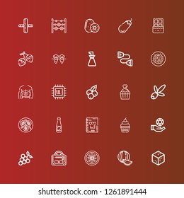 Editable 25 diet icons for web and mobile. Set of diet included icons line Sugar, Watermelon, Vegan food, Gym, Grapes, Chips, Cupcake, Recipe book, Juice, Tofu, Olive, Blueberry on red
