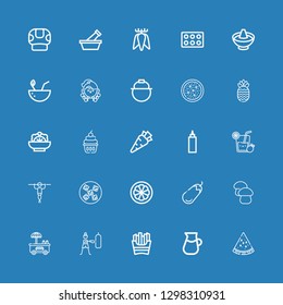 Editable 25 diet icons for web and mobile. Set of diet included icons line Watermelon, Lemonade, French fries, Fitness, Hot dog, Mushroom, Eggplant, Mangosteen on blue background