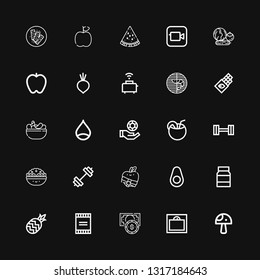 Editable 25 diet icons for web and mobile. Set of diet included icons line Mushroom, Weight, Chip, Powder, Pineapple, Mayonnaise, Avocado, Apple, Gym, Salad on black background