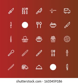 Editable 25 diner icons for web and mobile. Set of diner included icons line Knife, Cutlery, Dinner, Food truck, Spoon, Salad, Fries, Lunch, Fried on red
