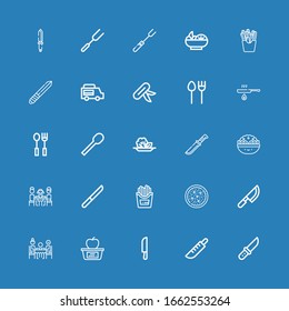 Editable 25 diner icons for web and mobile. Set of diner included icons line Knife, Lunch, Dinner, Salad, Fries, Spoon, Cutlery, Fried, Food truck, French fries on blue background