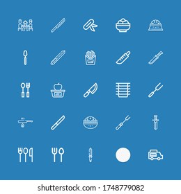 Editable 25 diner icons for web and mobile. Set of diner included icons line Food truck, Knife, Cutlery, Fork, Salad, Fried, Plates, Lunch, Fries, Spoon, Plate on blue background