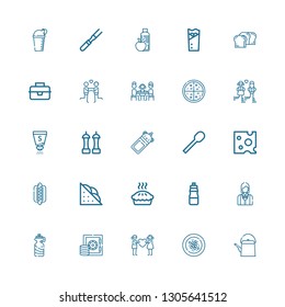 Editable 25 dinner icons for web and mobile. Set of dinner included icons line Teapot, Oyster omelette, Couple, Safebox, Bottle, Waitress, Pie, Sandwich, Hotdog on white background