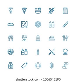 Editable 25 dinner icons for web and mobile. Set of dinner included icons line Wedding plans, Hotdog, Peking duck, Bottle, Food, Cooking, Skewers, Mayonnaise on white background