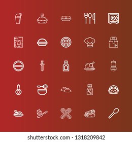 Editable 25 dinner icons for web and mobile. Set of dinner included icons line Spoon, Burrito, Wooden spoon, Flambe, Spaghetti, Taco, Dippel oil, Dumpling, Whisk, Pan, Salt on red