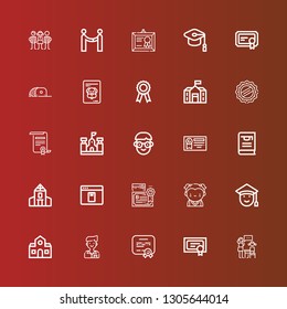 Editable 25 diploma icons for web and mobile. Set of diploma included icons line Lesson, Diploma, Student, School, Graduated, Elearning, Thesis, Certificate, Cap, Mortarboard on red