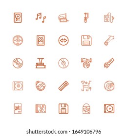 Editable 25 disc icons for web and mobile. Set of disc included icons line Dvd, Vinyl, Diskette, Floppy disk, Music, Dj music, Saw, Circular saw, Cd, Phonograph on white background