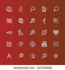 Editable 25 discovery icons for web and mobile. Set of discovery included icons line Windrose, Search, Zoom out, Compass, Glass, Test tube, Retrocognition, Test tubes, Worldwide on red