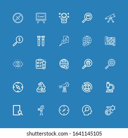 Editable 25 discovery icons for web and mobile. Set of discovery included icons line Flask, Search, Cardinal points, Explorer, Microscope, Worldwide, Telescope on blue background