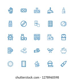 Editable 25 disease icons for web and mobile. Set of disease included icons line Vials, Pills, Drugs, Platelet, Medicines, Pill, Medicine, Blood cells, Medical appointment on white background