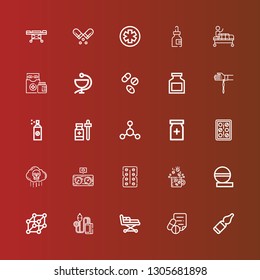 Editable 25 disease icons for web and mobile. Set of disease included icons line Vials, Medical prescription, Stretcher, Pressure, Cells, Pills, Drugs, Antibiotic, Bio weapon on red