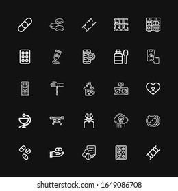 Editable 25 íconos de enfermedades para web y móvil. El conjunto de enfermedades incluye íconos línea Stretcher, Pilares, prescripción médica, Medicina, Medicamentos, Bio arma, Parasite sobre fondo negro