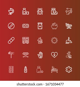 Editable 25 disease icons for web and mobile. Set of disease included icons line Medicine, Gurney, Antibiotic, Cancer, Radiography, Stretcher, Handkerchief, Rat, Platelet on red
