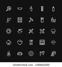 Editable 25 dish icons for web and mobile. Set of dish included icons line Room service, Satellite, Salad, Taco, Waitress, Ovni, Dishwasher, Cutlery, Bowl on black background