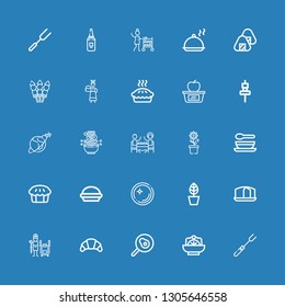 Editable 25 dish icons for web and mobile. Set of dish included icons line Fork, Salad, Fried egg, Croissant, Tandoor, Sponge cake, Pot, Dish, Pie, Soup, Restaurant on blue background