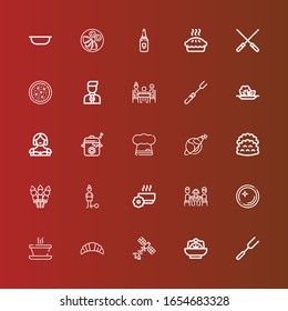 Editable 25 dish icons for web and mobile. Set of dish included icons line Fork, Salad, Satellite, Croissant, Soup, Dish, Lunch, Bowl, Guilt, Skewer, Tacos, Chef, Pot, Waitress on red
