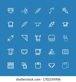 Editable 25 disposable icons for web and mobile. Set of disposable included icons line Tissue, Diaper, Lighter, Needle, Towel, Towels, Napkin, Tissues, Syringe on blue background
