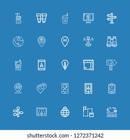 Editable 25 distance icons for web and mobile. Set of distance included icons line Geology, Route, Location, Gps, Signpost, Navigation, Angle, Walkie talkie on blue background