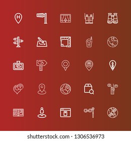 Editable 25 distance icons for web and mobile. Set of distance included icons line Gps, Binoculars, Elearning, Location, Walkie talkie, Localize, Signpost, Angle, Route on red