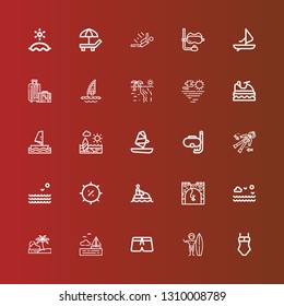 Editable 25 diving icons for web and mobile. Set of diving included icons line Swimsuit, Surfer, Sea, Beach, Bungee jumping, Jet ski, Summer, Scuba diving, Windsurf on red