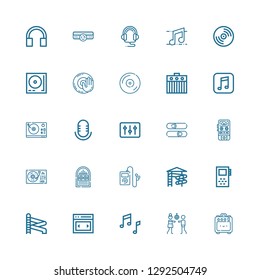 Editable 25 dj icons for web and mobile. Set of dj included icons line Amplifier, Disco, Music, Slider, Record, Jukebox, Turntable, Voice recorder, Sliders on white background