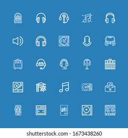 Editable 25 dj icons for web and mobile. Set of dj included icons line Control panel, Turntable, Music, Slider, Voice recorder, Audio, Amplifier, Headphones on blue background