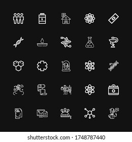 Editable 25 dna icons for web and mobile. Set of dna included icons line Scientist, Molecule, Science, Pharmacy, Health, Medical, Atom, Bandage, Smoke bomb on black background