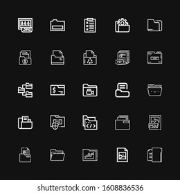 Editable 25 doc icons for web and mobile. Set of doc included icons line Folder, Jpeg, Psd file, Pdf, Report, Jpg on black background