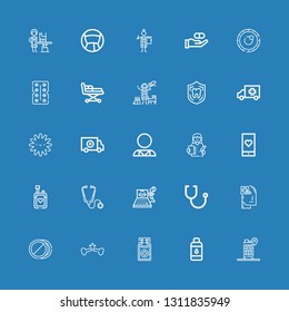 Editable 25 doctor icons for web and mobile. Set of doctor included icons line Hospital, Contact lens, Medicine, Broken bone, Pills, Health, Stethoscope, Ultrasound on blue background