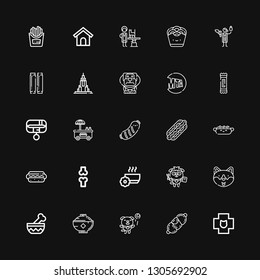 Editable 25 dog icons for web and mobile. Set of dog included icons line Veterinary, Sausage, Dog, Bowl, Bone, Hotdog, Hot Collar, Snack, New york, on black background
