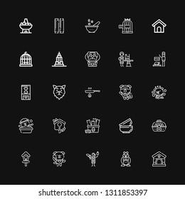 Editable 25 dog icons for web and mobile. Set of dog included icons line Veterinary, Hamster, Veterinarian, Dog, Bird house, Cage, Bowls, Snack, Fried, Wolf on black background