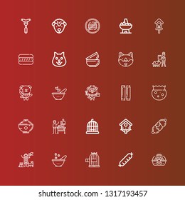 Editable 25 dog icons for web and mobile. Set of dog included icons line Cage, Sausage, Bird cage, Bowl, Veterinarian, Bird house, Dog, Bowls, Hot Junk food, Hedgehog on red