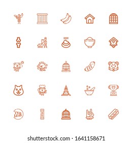 Editable 25 dog icons for web and mobile. Set of dog included icons line Hot dog, Maloik, Bird cage, Snack, New york, Pet, Bowl, Empire state, Hamster on white background