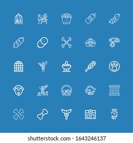 Editable 25 dog icons for web and mobile. Set of dog included icons line Dog, Veterinary, Sausage, Bone, Bones, Cage, Hamster ball, Veterinarian, Hedgehog, Animal on blue background