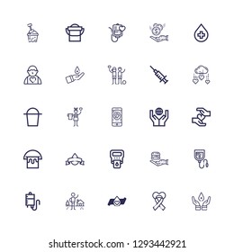 Editable 25 donate icons for web and mobile. Set of donate included icons line Blood donation, Charity, Shelter, Blood transfusion, Blood bag, Food donation on white background