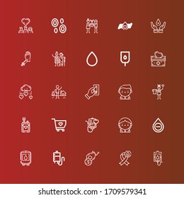 Editable 25 iconos de donación para web y móvil. El conjunto de donaciones incluía íconos: donación de sangre, donación, transfusión de sangre, sangre, donante, solidaridad, inserción de moneda en rojo